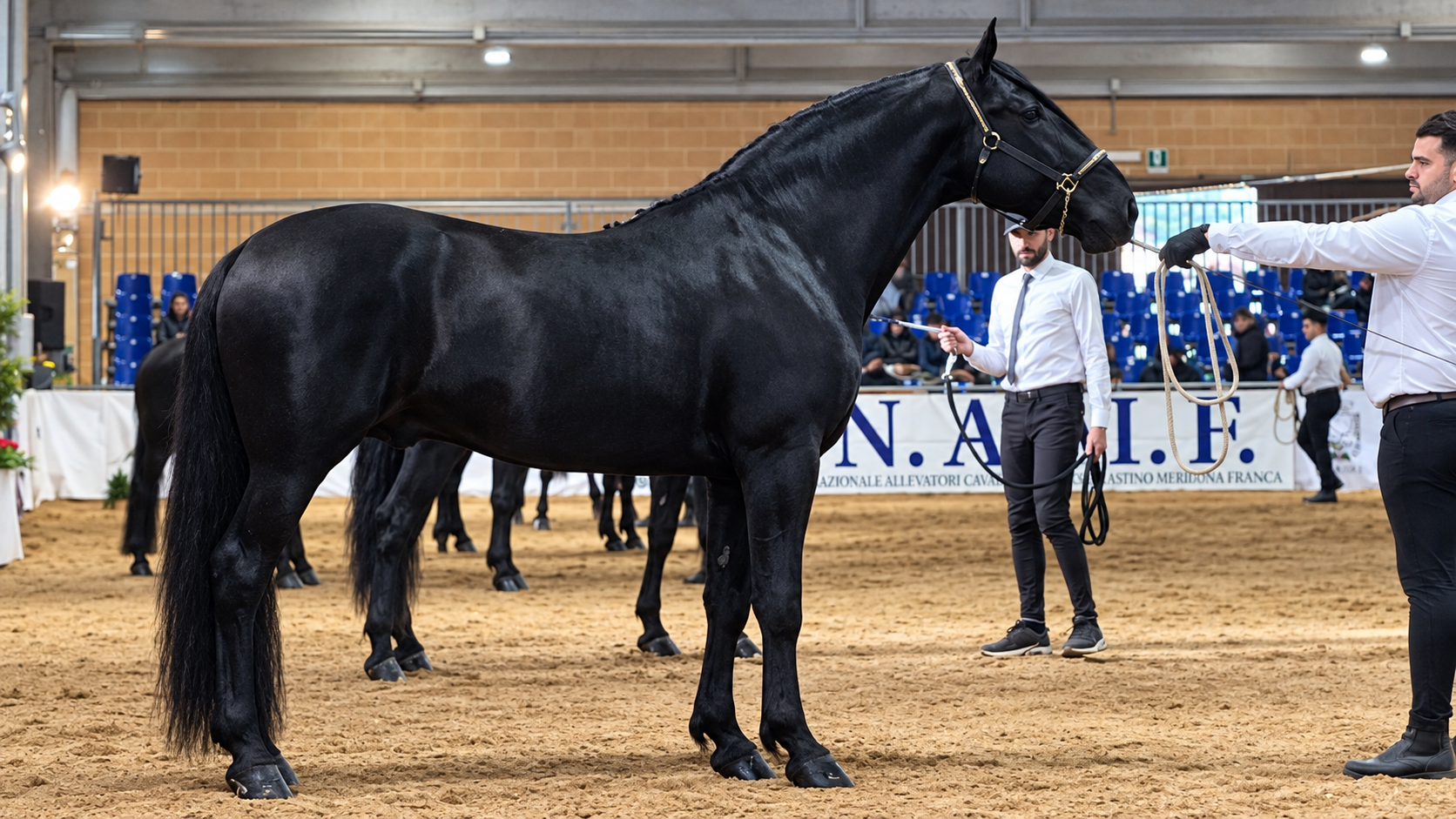 Cavallo nero presentato in una arena equestre