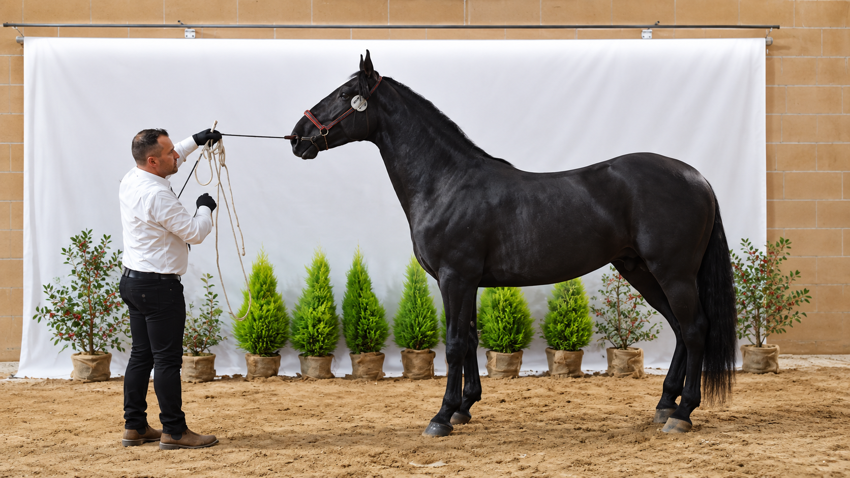 Cavallo nero presentato dal suo conduttore