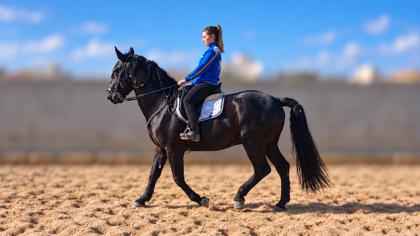 Ragazza in sella a un cavallo nero, con sfondo sfocato